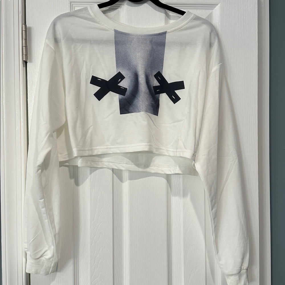White Cropped Sweatshirt with Black Graphic